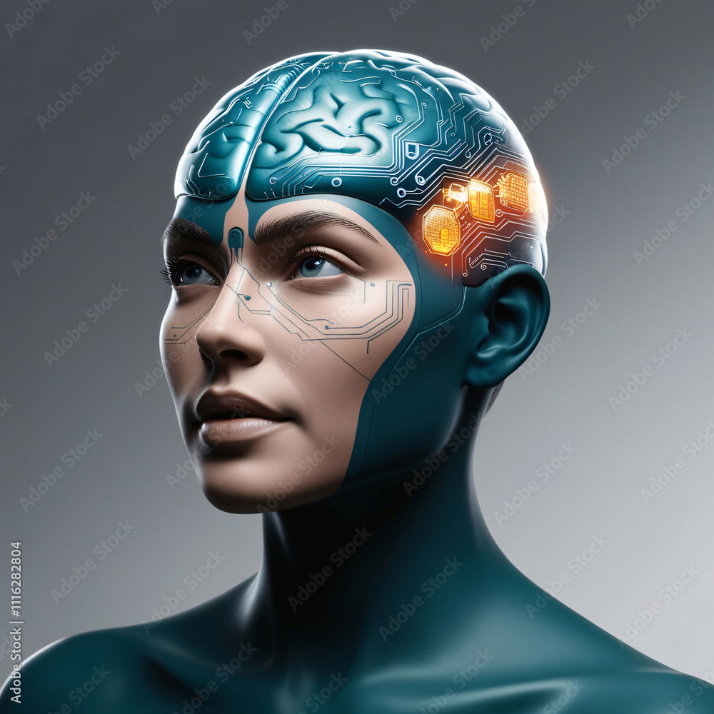 Poster artificial intelligence and human-like features blend in a futuristic design showcasing a cyborg's b