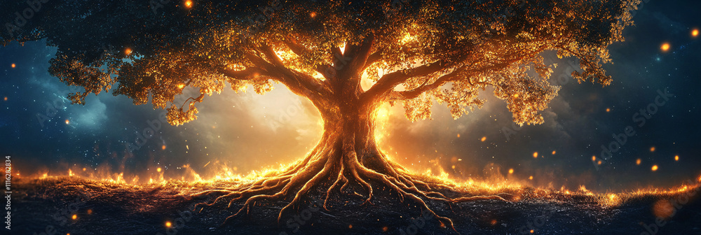Poster a glowing family tree with roots intertwining with the earth and branches reaching towards the sky, 