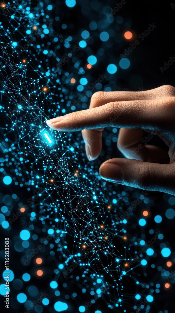 Poster a hand reaches out to touch a glowing blue network of particles, symbolizing connection and technolo