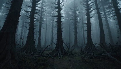 Misty forest with exposed roots