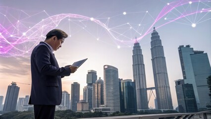 Fototapeta premium Businessman Using Tablet in Urban Setting with Digital Connectivity