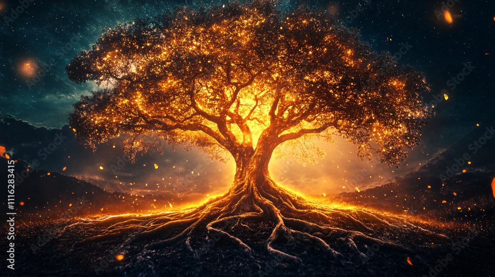 Poster a glowing family tree with roots intertwining with the earth and branches reaching towards the sky, 