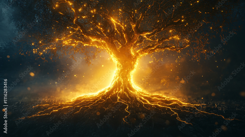 Poster a glowing family tree with roots intertwining with the earth and branches reaching towards the sky, 