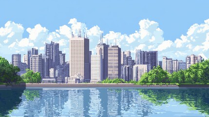 Obraz premium A minimalist pixel art design of a city skyline with simple geometric buildings and a clear sky