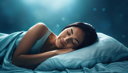 Peaceful woman sleeping in a bed with silky sheets, illuminated by soft lighting, evoking a serene mood and promoting healthy sleep habits
