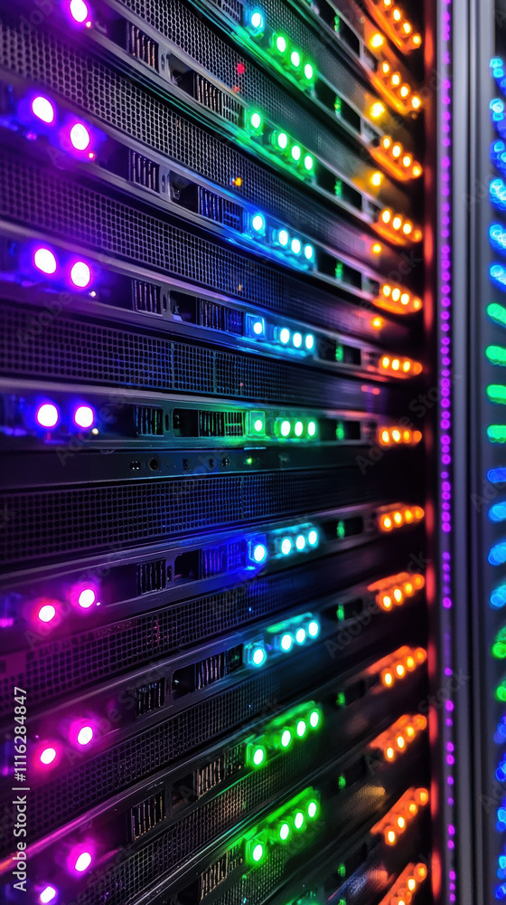 Poster a vibrant display of led lights illuminating server racks, showcasing technology and modern data cen