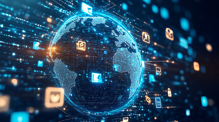 Fototapeta premium A glowing globe with interconnected dots representing global data flow, surrounded by social media, cloud computing, and online marketing icons. 