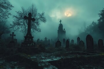 Fototapeta premium haunting graveyard enveloped in misty darkness, twisted trees loom over weathered gravestones under a moonlit sky, creating an eerie atmosphere for halloween night