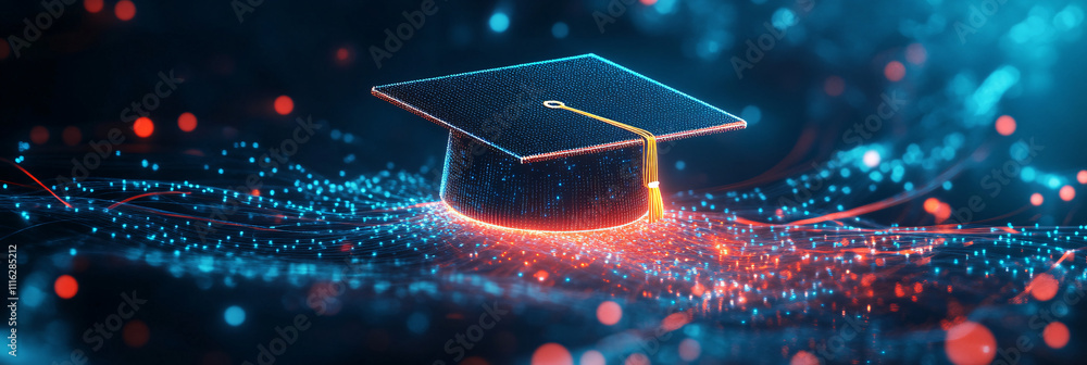 Poster a glowing graduation cap icon floating above layers of data streams, representing online education, 