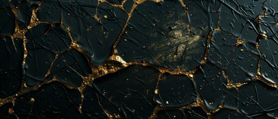 Cracked black surface with shimmering gold veins, creating a striking contrast of texture and color...