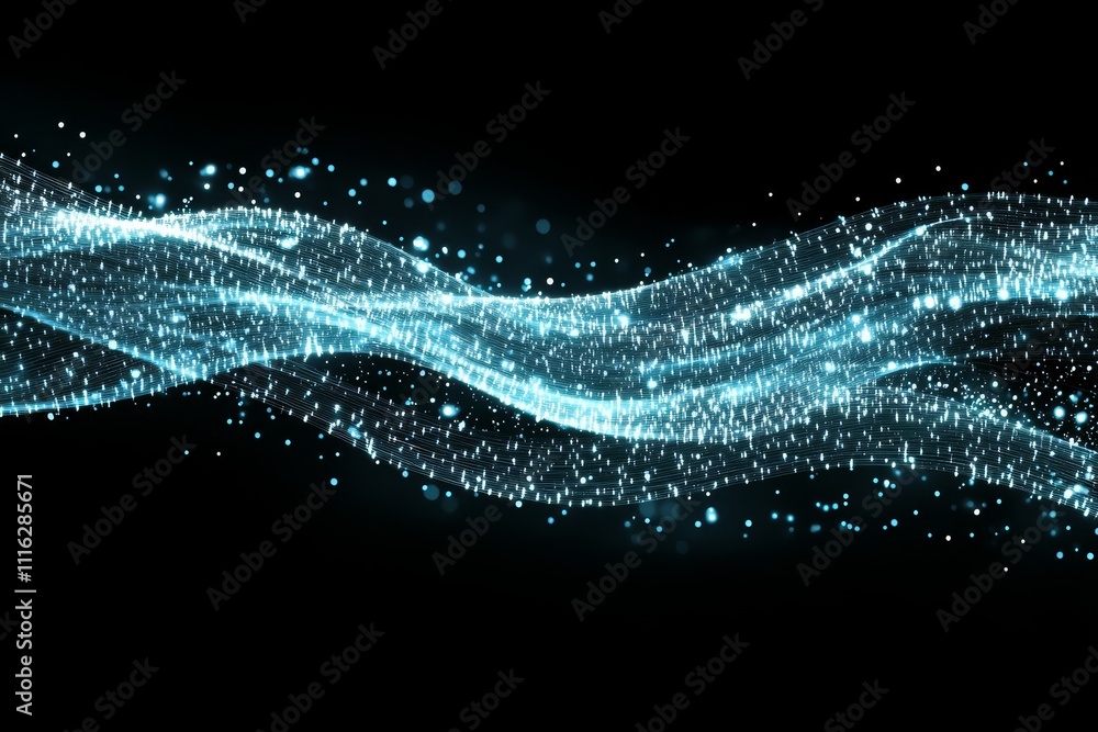 Poster ethereal waves of blue light and sparkling particles on a dark background for abstract art, digital 