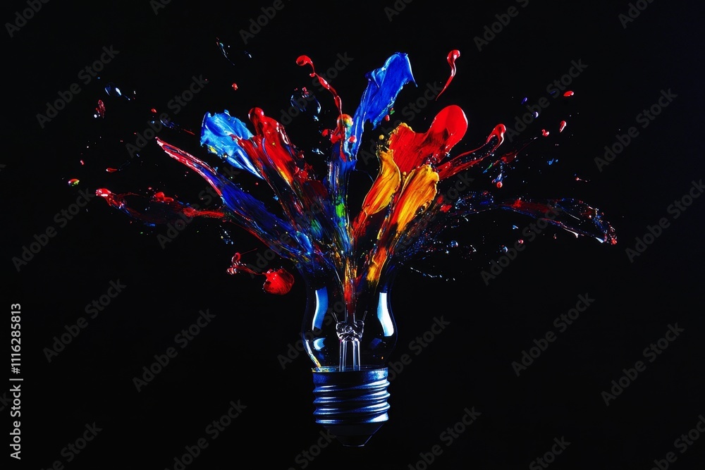 Poster explosive burst of color from light bulb with vivid liquid splashes against dark background capturin