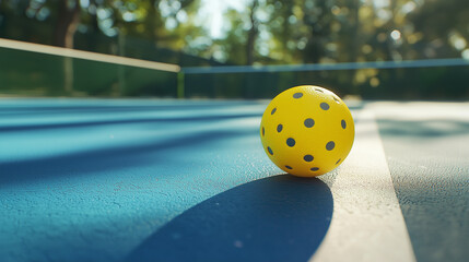 Small Yellow Pickleball with large background. Yellow Pickleball on the boundry line of pickleball court and large background that can easily be removed and replaced. Blue court area and green out of 