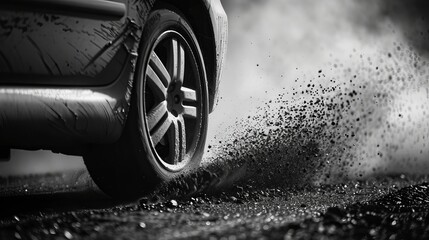 Close-up of a dirty tire kicking up dust on a gravel road in black and white.