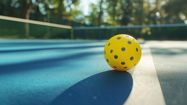 Small Yellow Pickleball with large background. Yellow Pickleball on the boundry line of pickleball court and large background that can easily be removed and replaced. Blue court area and green out of 