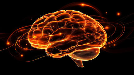 A brain surrounded by energy currents and glowing lines, representing mental strength and unlimited potential,