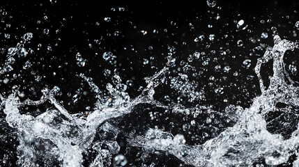 water forms against a deep black background, blending abstract splashes, ripples, mist, and dynamic droplets.