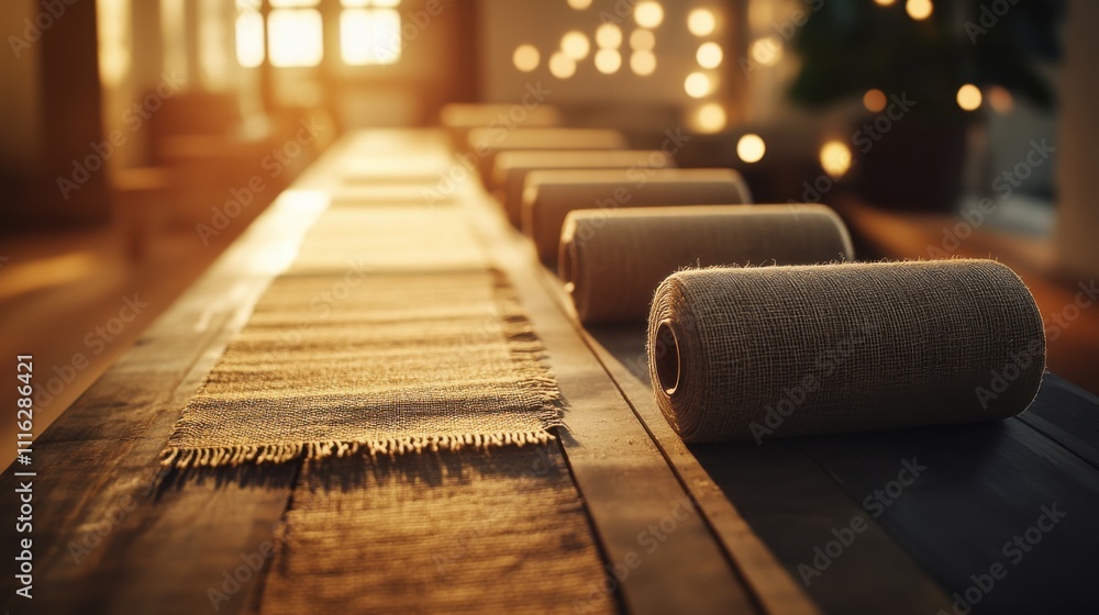 Poster beautiful rows of textured fabric spools on a rustic wooden table bathed in warm sunset light creati