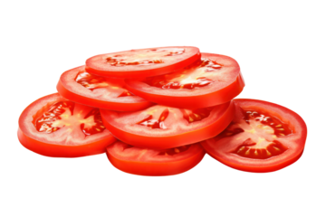 A cluster of fresh tomato slices with varying thicknesses, showcasing their bright color and textures, artfully arranged to emphasize freshness