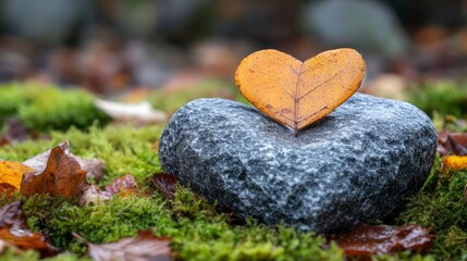 Obraz premium Heart-Shaped Leaf on Stone in Autumnal Setting