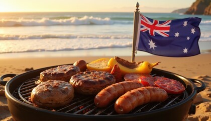 Barbecue on the beach with the Australian flag in the background. Sausages, patties, and vegetables are being grilled. The ocean waves create a festive atmosphere