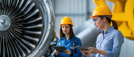 Two women in hard hats inspect a jet engine, using tablets to conduct checks, showcasing teamwork and expertise in the aviation industry.