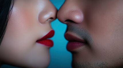 Obraz premium Close-up of a Couple's Faces About to Kiss, Passionate Romance