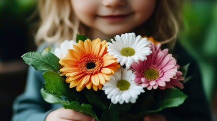 Naklejka premium Child Holding a Bouquet of Gerbera Daisies
