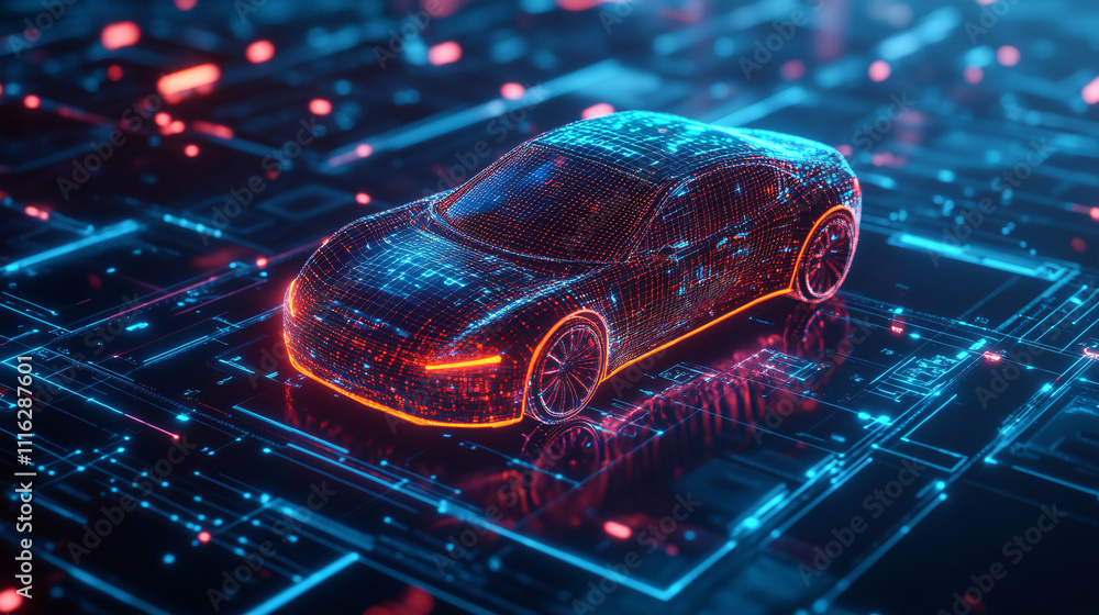 Poster a glowing holographic car icon rotating in a digital environment filled with data visualizations, we