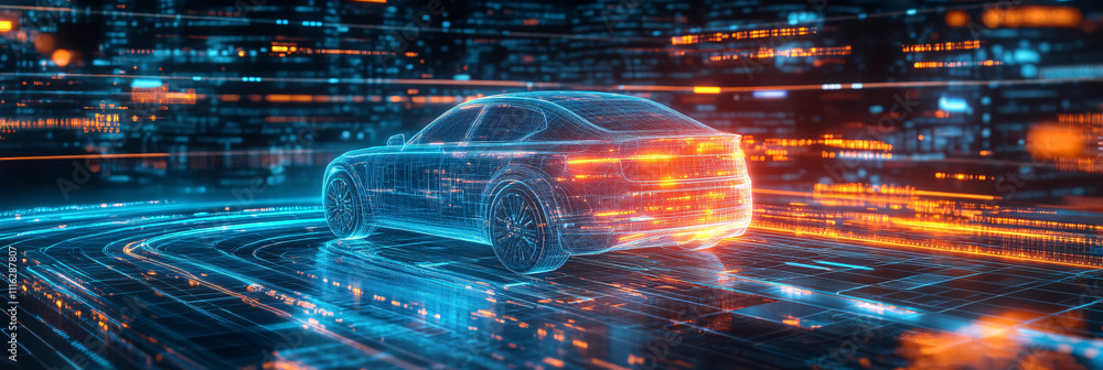 Poster a glowing holographic car icon rotating in a digital environment filled with data visualizations, we