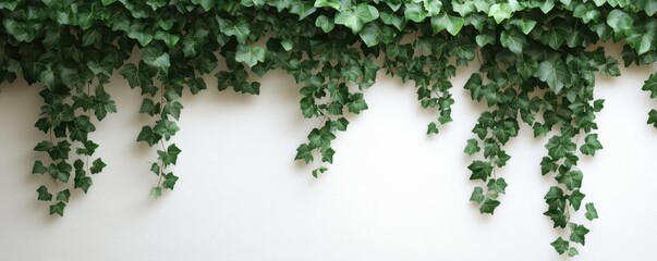 Green ivy vines hanging down a white wall, creating a natural border.