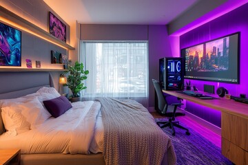 Gaming bedroom with purple neon lighting, bed, gaming desk, and computer game setup displayed on the wall. Modern gaming interior design.