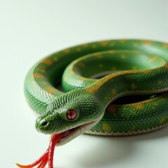 Fototapeta premium Green snake with red eyes and tongue on white background