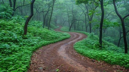 A winding dirt path through a lush, green forest shrouded in mist.