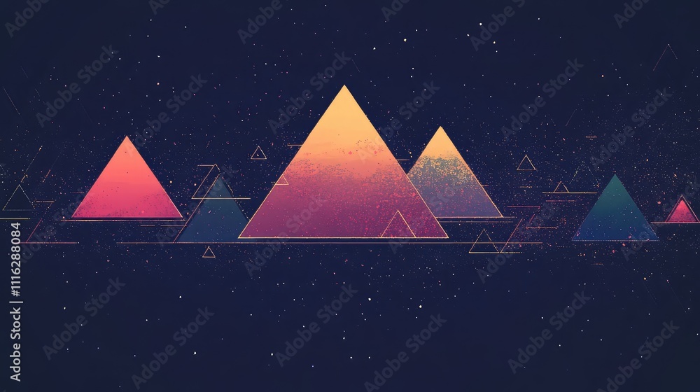 Poster a minimalist pixel art geometric pattern of triangles in different colors, set against a dark backgr
