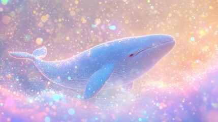 Obraz premium blank mockup template filled with an underwater scene where soft, glowing whale spirits swim through a cloud of tiny, shimmering particles, 