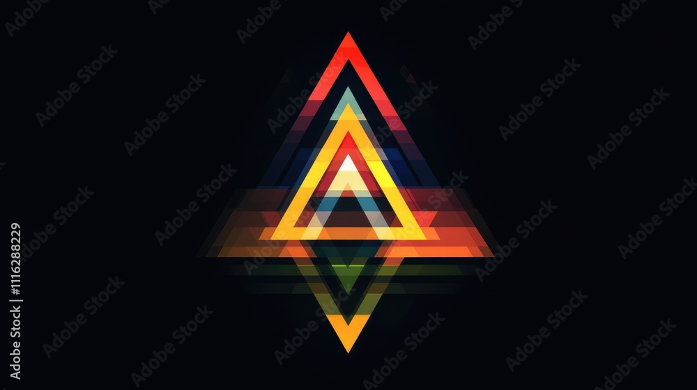 Poster a minimalist pixel art geometric pattern of triangles in different colors, set against a dark backgr