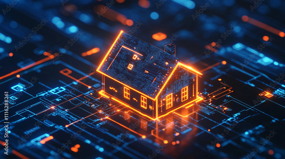 Poster a glowing home icon, with connected smart devices, thermostats, and security systems, all linked by 