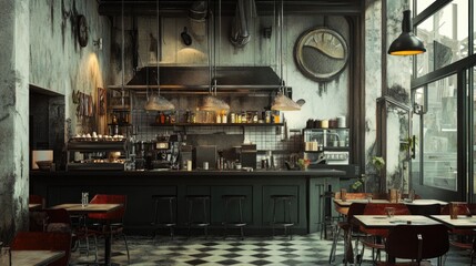Industrial-chic cafe interior with dark wood bar, checkered floor, and vintage details.
