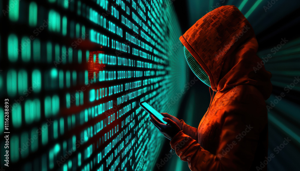Poster a hooded figure interacts with a smartphone against a backdrop of glowing digital code, symbolizing 
