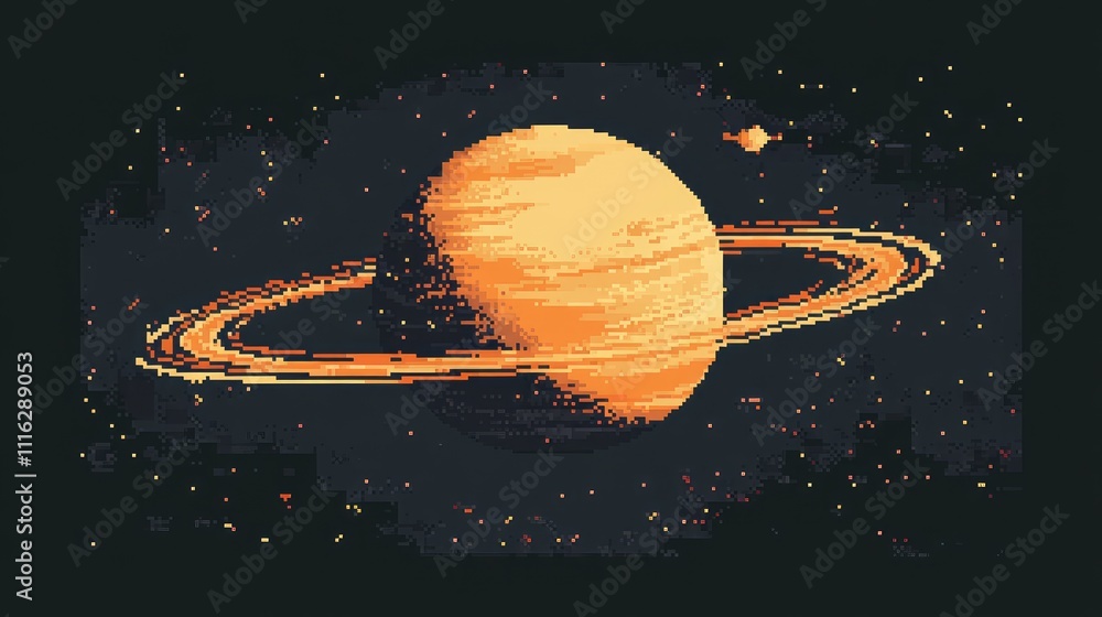 Poster a minimalist pixel art representation of a planet with rings, designed with simple shapes and few co