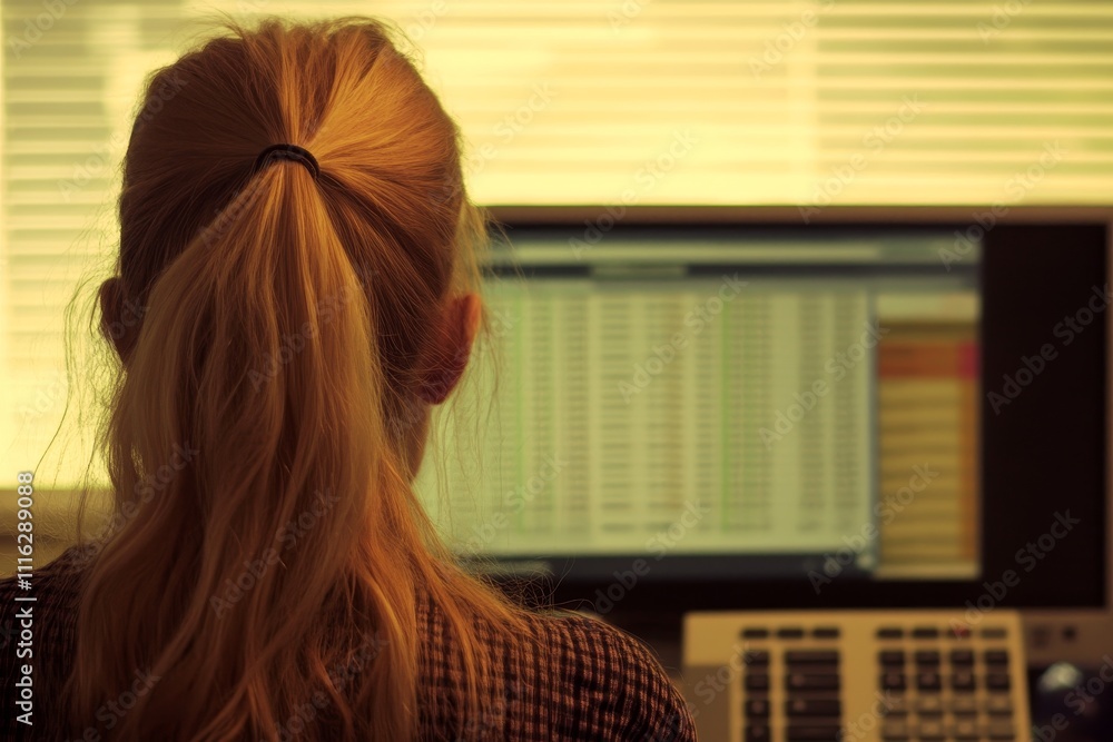 Poster focused office worker analyzing data on computer screen with financial reports in background under s