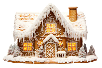 A charming gingerbread house nestled among fluffy white frosting that mimics freshly fallen snow. The windows glow with a warm yellow icing, while the roof is lined