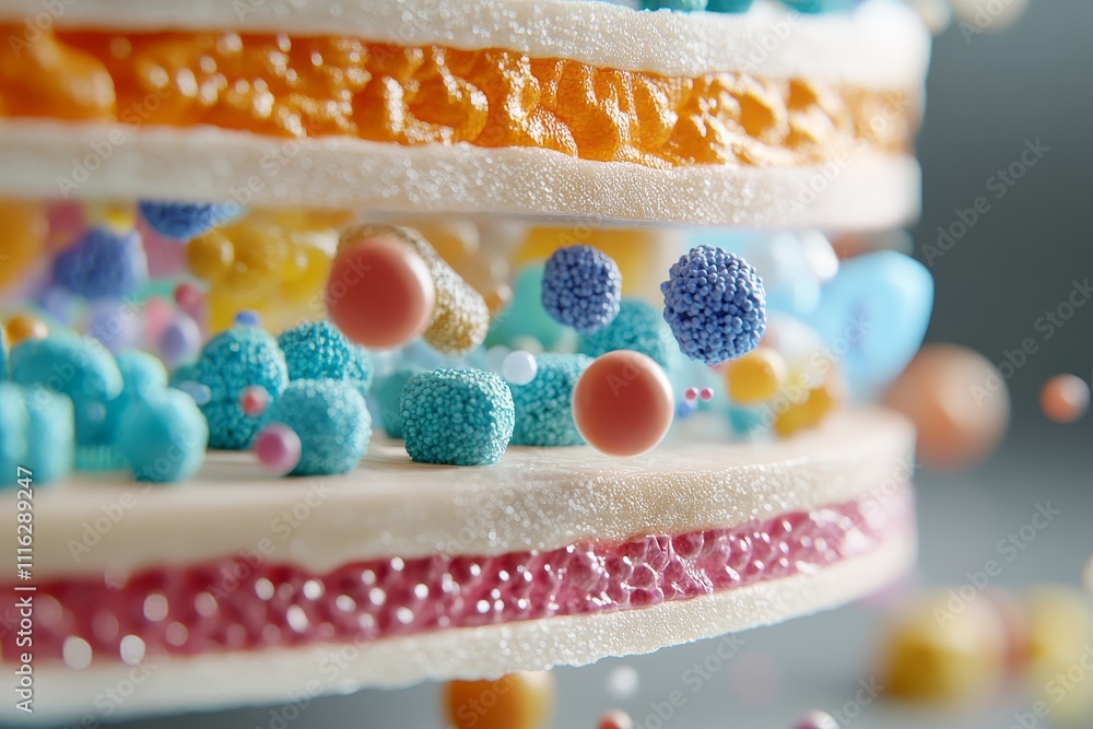 Poster colorful cellular structures illustrating microbiome diversity in a layered format