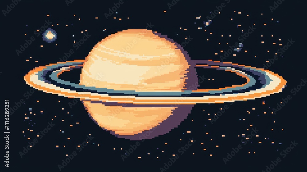 Poster a minimalist pixel art representation of a planet with rings, designed with simple shapes and few co