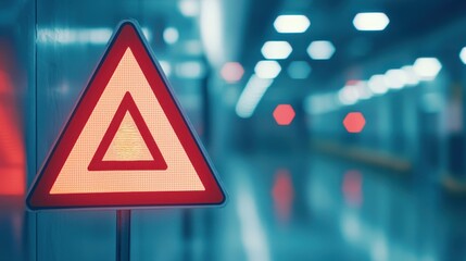A bright red triangular warning sign stands prominently in a blurred, illuminated environment, indicating caution in a possibly hazardous area.