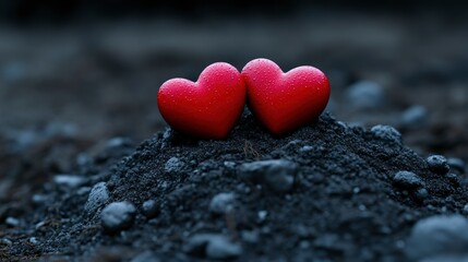 Fototapeta premium Two Red Hearts on Dark Soil - Symbol of Love and Resilience