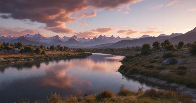 Paisaje de atardecer en la ciudad de Esquel Chubut con una vista del r&iacute;o Chubut y las monta&ntilde;as en segundo plano, paisajes naturales, atm&oacute;sfera tranquila