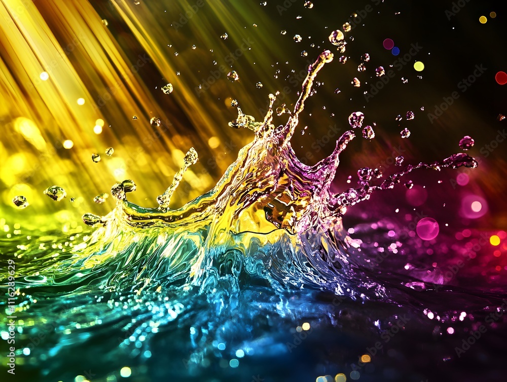Poster vibrant water splash with colorful light reflections and radiant droplet patterns creating a stunnin