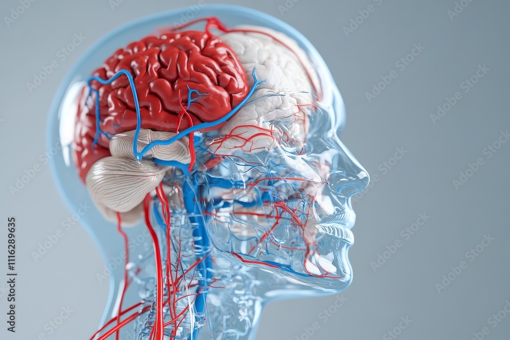 Poster intricate visualization of human brain anatomy with vascular system highlighted in detailed 3d repre